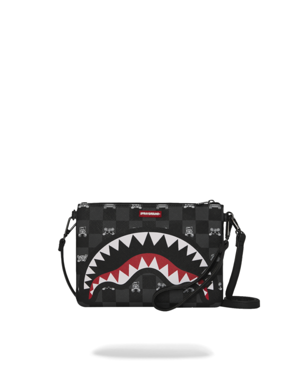GRAY PEEKING CHARACTER CHECK CROSSBODY POUCHETTE