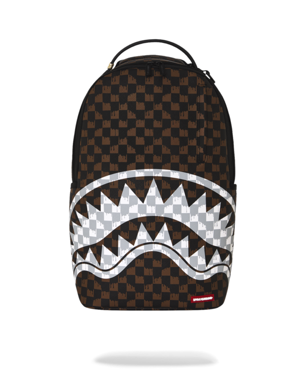 BROWN AND CREAM DRIP CHECK SHARK BACKPACK