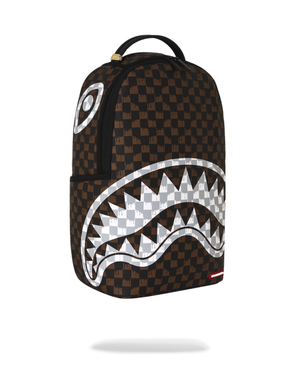BROWN AND CREAM DRIP CHECK SHARK BACKPACK