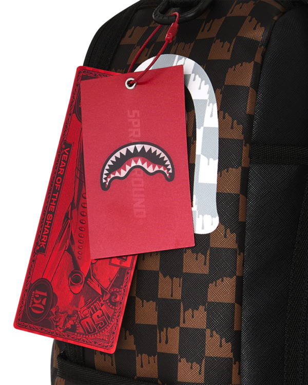 BROWN AND CREAM DRIP CHECK SHARK BACKPACK