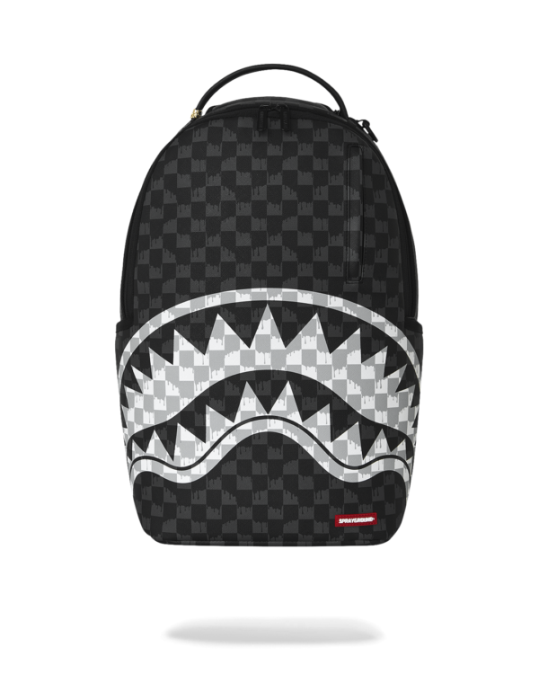 B8553_1 BLACK AND WHITE DRIP CHECK SHARK BACKPACK