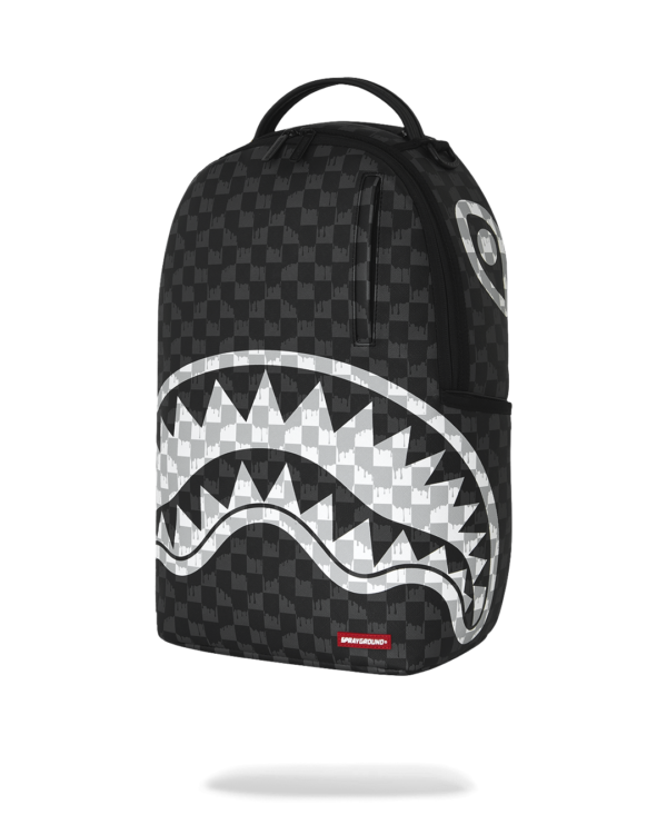 B8553_5 BLACK AND WHITE DRIP CHECK SHARK BACKPACK